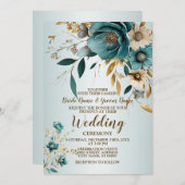 Bruiloft Turquoise witte bloem gouden bladeren Kaart (Voorkant / Achterkant)