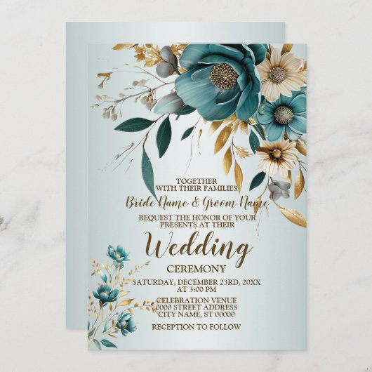 Bruiloft Turquoise witte bloem gouden bladeren Kaart (Voorkant / Achterkant)