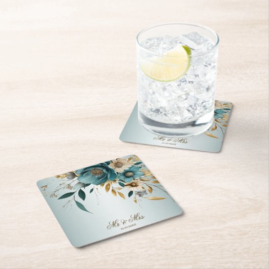 Bruiloft Turquoise witte bloem gouden bladeren Kartonnen Onderzetters (Insitu)