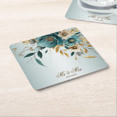 Bruiloft Turquoise witte bloem gouden bladeren Kartonnen Onderzetters (Schuin)