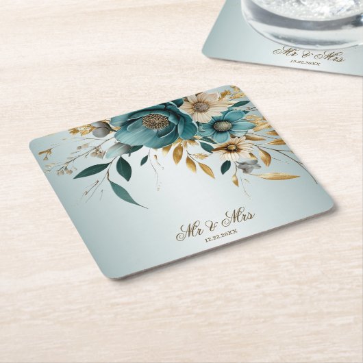 Bruiloft Turquoise witte bloem gouden bladeren Kartonnen Onderzetters (Schuin)