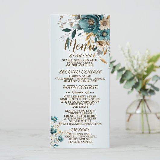 Bruiloft Turquoise witte bloem gouden bladeren Menu (Staand voorkant)