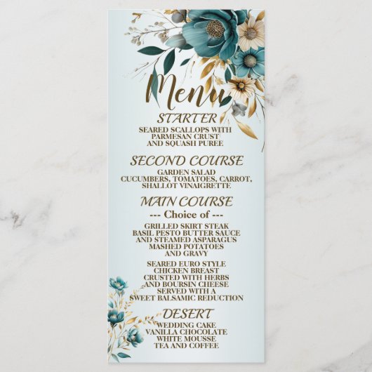 Bruiloft Turquoise witte bloem gouden bladeren Menu (Voorkant)