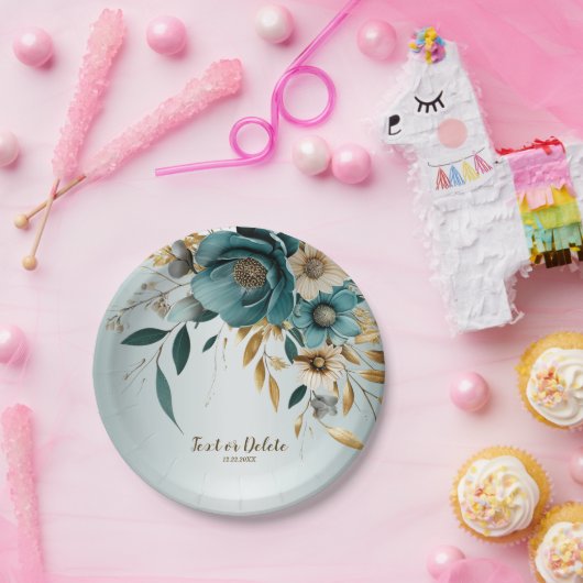 Bruiloft Turquoise witte bloem gouden bladeren Papieren Bordje (Feest)