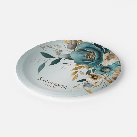 Bruiloft Turquoise witte bloem gouden bladeren Papieren Bordje (Gekanteld)