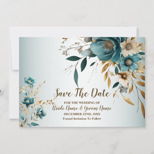 Bruiloft Turquoise witte bloem gouden bladeren Save The Date (Voorkant)