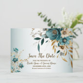 Bruiloft Turquoise witte bloem gouden bladeren Save The Date (Staand voorkant)