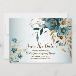 Bruiloft Turquoise witte bloem gouden bladeren Save The Date
