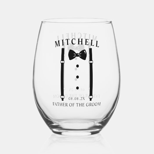 Bruiloft Tuxedo gepersonaliseerde vader van de bru Wijnglas Zonder Voet (Achterkant)