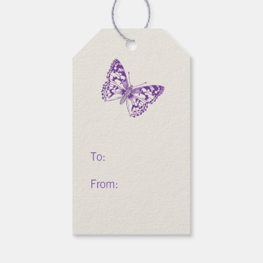 Bruiloft twee vlinders tekening paarse cadeau labe cadeaulabel (Achterkant)