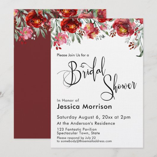 Bruiloft Typografie Bordeauxrood Bloemen Kaart (Voorkant / Achterkant)
