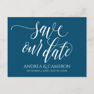 Bruiloft Typografie Save-the-Date- Navy Blauw Wit Aankondigingskaart
