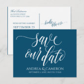 Bruiloft Typografie Save-the-Date- Navy Blauw Wit Aankondigingskaart (Voorkant / Achterkant)