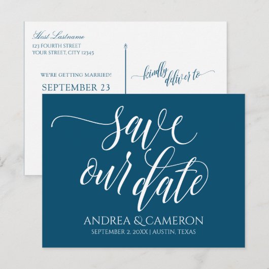 Bruiloft Typografie Save-the-Date- Navy Blauw Wit Aankondigingskaart (Voorkant / Achterkant)