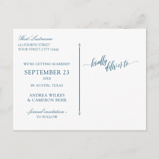 Bruiloft Typografie Save-the-Date- Navy Blauw Wit Aankondigingskaart (Achterkant)