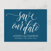 Bruiloft Typografie Save-the-Date- Navy Blauw Wit Aankondigingskaart (Voorkant)