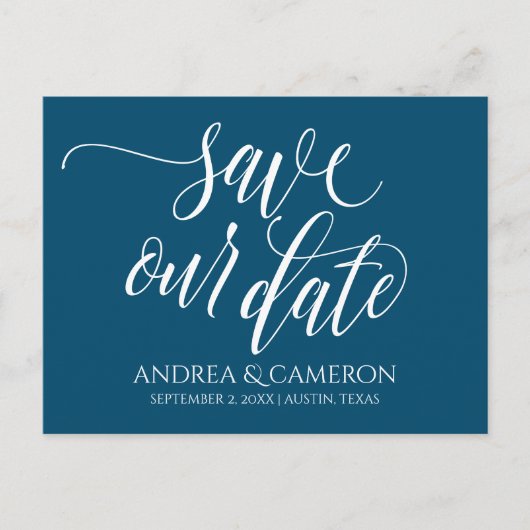 Bruiloft Typografie Save-the-Date- Navy Blauw Wit Aankondigingskaart (Voorkant)
