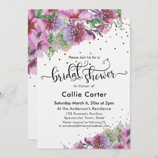 Bruiloft Typografie Wilde Bloemen Goud Confetti Kaart (Voorkant / Achterkant)