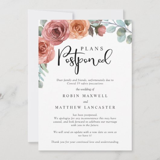 Bruiloft uitgesteld - Annulering - Wijziging van p Kaart (Voorkant)