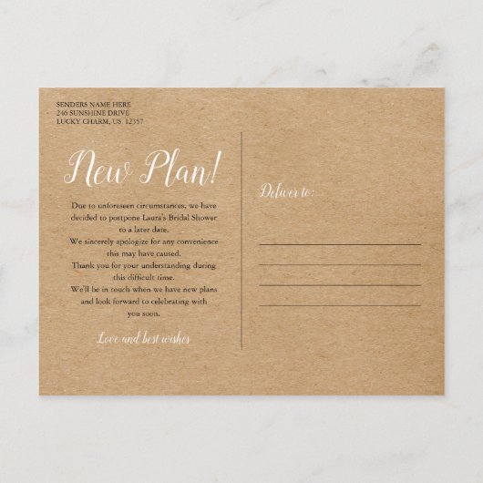 Bruiloft Uitgesteld Landelijke Datumswijziging Briefkaart (Achterkant)