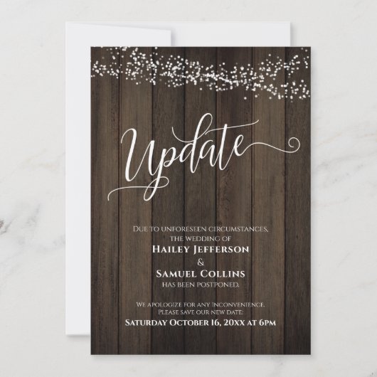 Bruiloft Uitgesteld Updatekaart met Rustieke Hout  Kaart (Voorkant)
