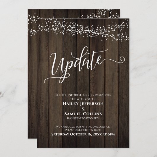 Bruiloft Uitgesteld Updatekaart met Rustieke Hout Kaart (Voorkant / Achterkant)