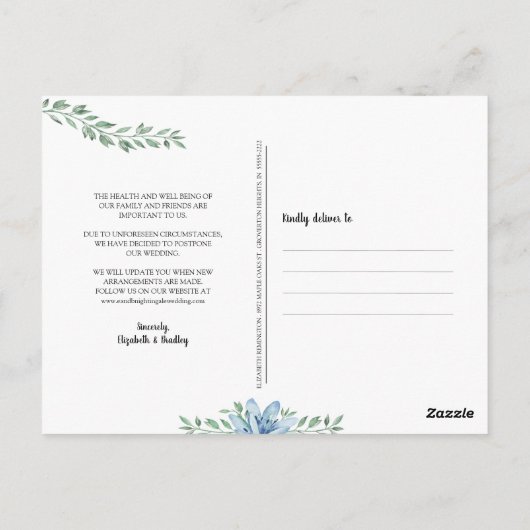 Bruiloft uitgesteld Waterverf Blue Blooms Briefkaart (Achterkant)