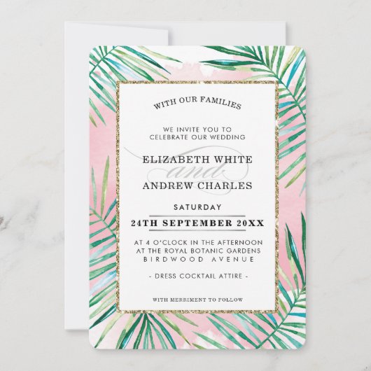 BRUILOFT UITNODIGEN chique tropische strand palmbl Kaart (Voorkant)
