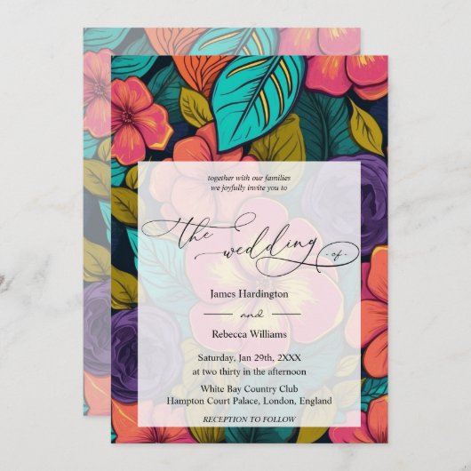 Bruiloft uitnodigen ontwerp van Neon Florals Kaart (Voorkant / Achterkant)