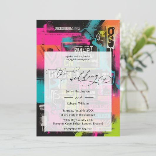 Bruiloft uitnodigen ontwerp van Neon Graffiti Kaart (Staand voorkant)
