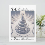 Bruiloft uitnodiging 3D Paar dansen op hun taart (Staand voorkant)