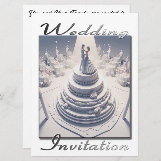 Bruiloft uitnodiging 3D Paar dansen op hun taart (Voorkant / Achterkant)