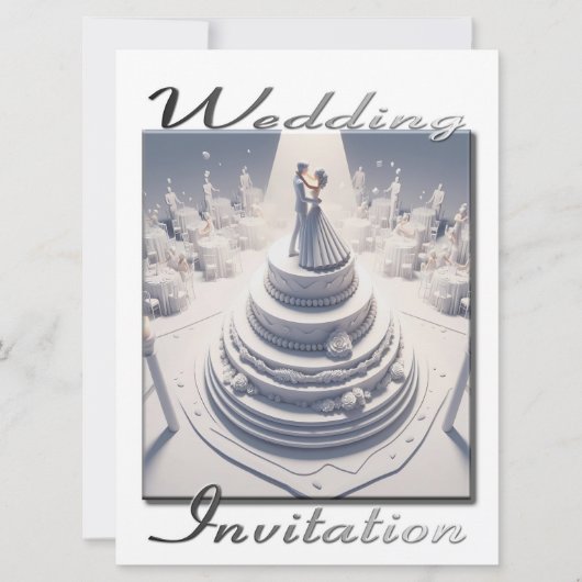 Bruiloft uitnodiging 3D Paar dansen op hun taart (Voorkant)