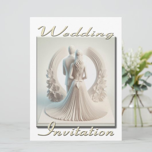 Bruiloft uitnodiging 3D Paar in cirkel van bloemen (Staand voorkant)