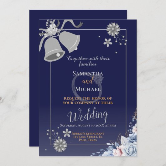 Bruiloft uitnodiging: blauw en zilveren bel, rsvp, kaart (Voorkant / Achterkant)