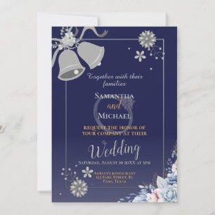 Bruiloft uitnodiging: blauw en zilveren bel, rsvp, kaart