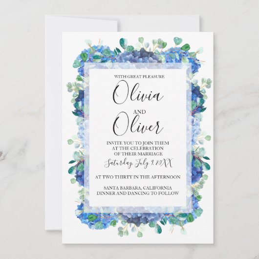 Bruiloft uitnodiging blauwe hortensia (Voorkant)