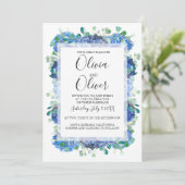 Bruiloft uitnodiging blauwe hortensia (Staand voorkant)