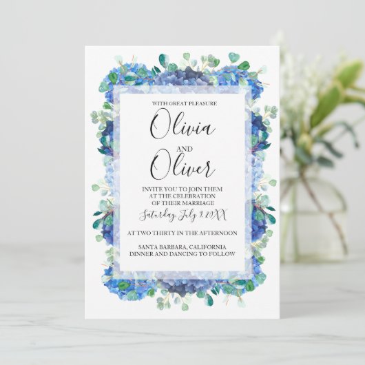 Bruiloft uitnodiging blauwe hortensia (Staand voorkant)