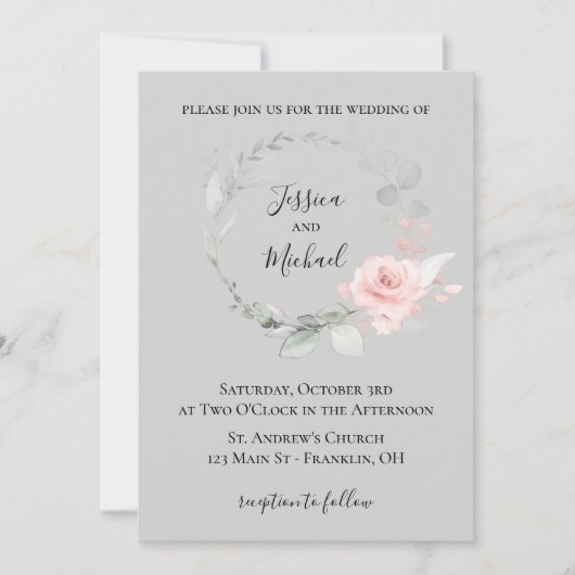 Bruiloft uitnodiging Blush en Grijs - Rozenkrans (Voorkant)