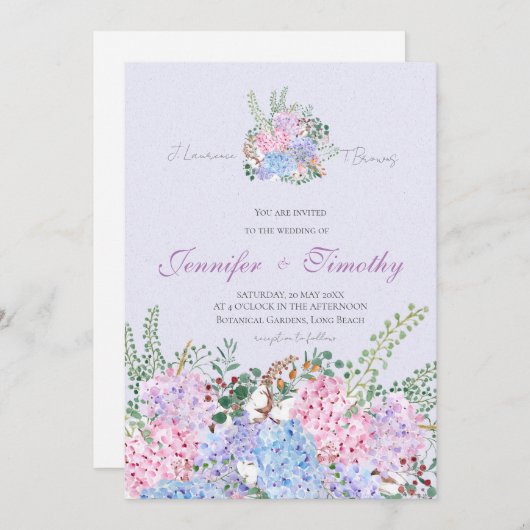 Bruiloft uitnodiging Botanische hortensia bloemen (Voorkant / Achterkant)