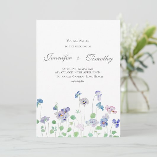 Bruiloft uitnodiging Botanische pansies (Staand voorkant)