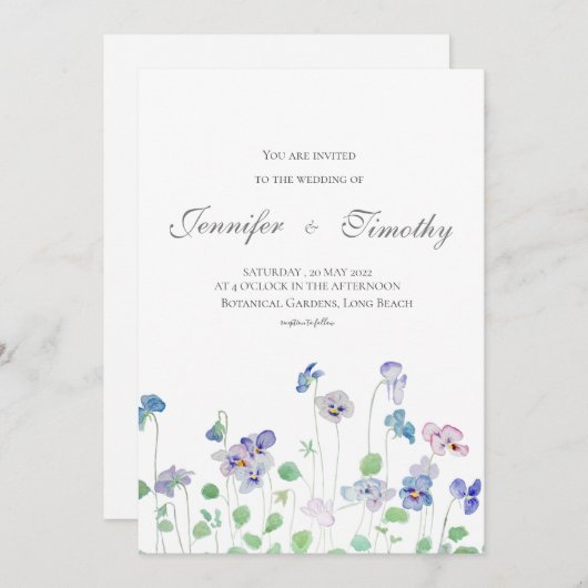 Bruiloft uitnodiging Botanische pansies (Voorkant / Achterkant)
