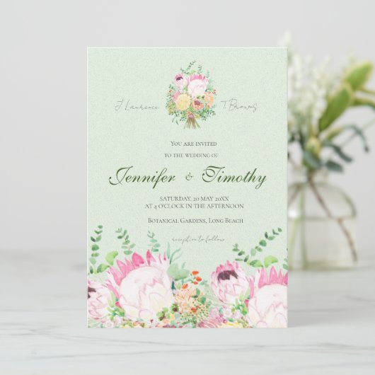 Bruiloft uitnodiging Botanische protea bloemen (Staand voorkant)