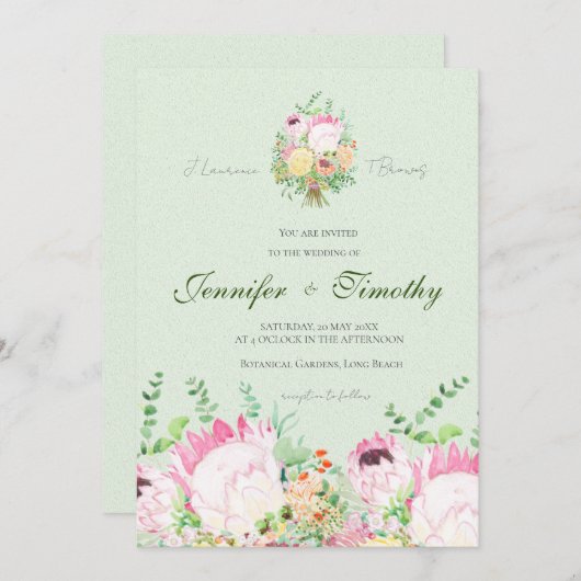 Bruiloft uitnodiging Botanische protea bloemen (Voorkant / Achterkant)