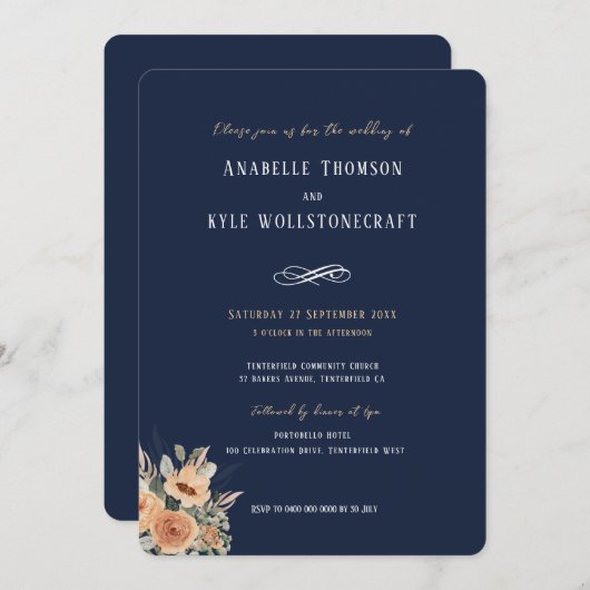 Bruiloft uitnodiging - Elegant bloemendonker marin (Voorkant / Achterkant)