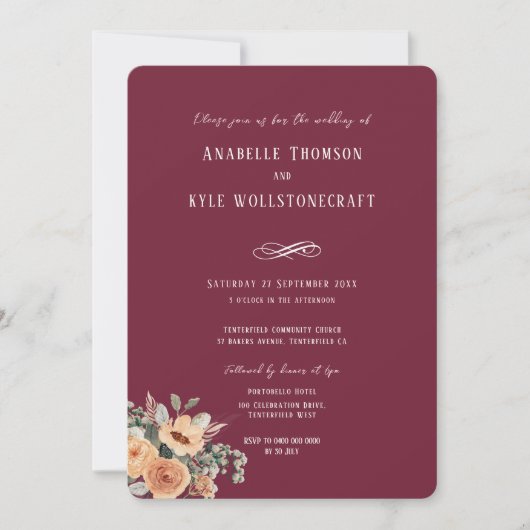 Bruiloft uitnodiging - Elegante bloemenbordeaux (Voorkant)