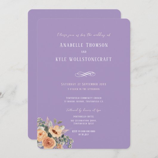 Bruiloft uitnodiging - Elegante bloemenlavendel (Voorkant / Achterkant)