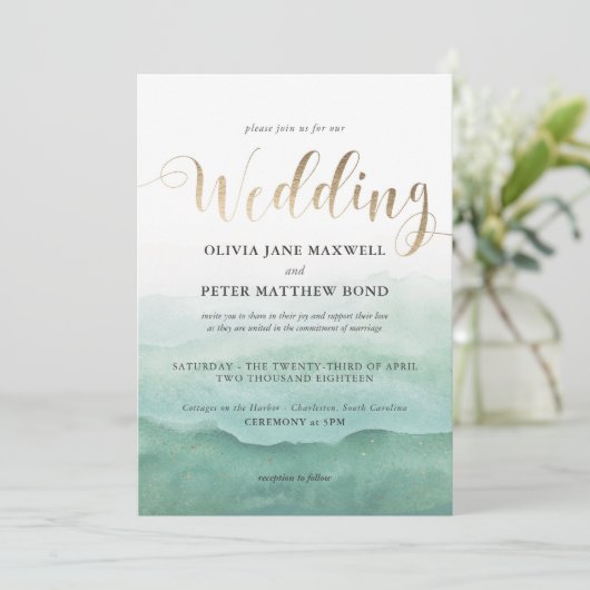 Bruiloft Uitnodiging Folie - Waterverf Zeeen (Staand voorkant)