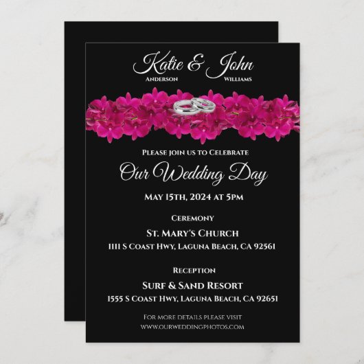 Bruiloft uitnodiging-Fuchsia orchideeën op zwart-w Kaart (Voorkant / Achterkant)
